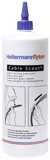 Flaska med 'HellermannTyton Cable Scout+' kabelsmörjmedel. Etiketten visar användning vid kabelförläggning. Plastspets överst.