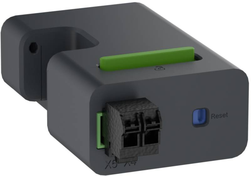 Svart, rektangulärt enhetsmed en grön spak överst och en blå återställningsknapp på sidan. Har en anslutning framtill.