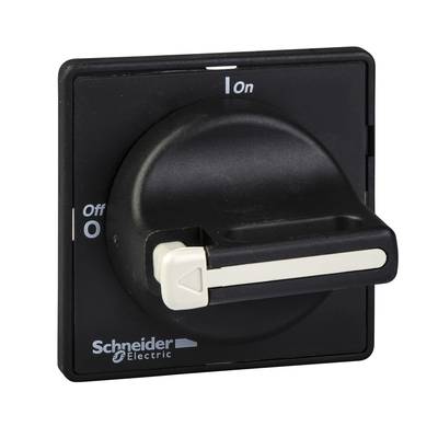 Svart vridströmbrytare från Schneider Electric. Spaken pekar på läget 'På'.