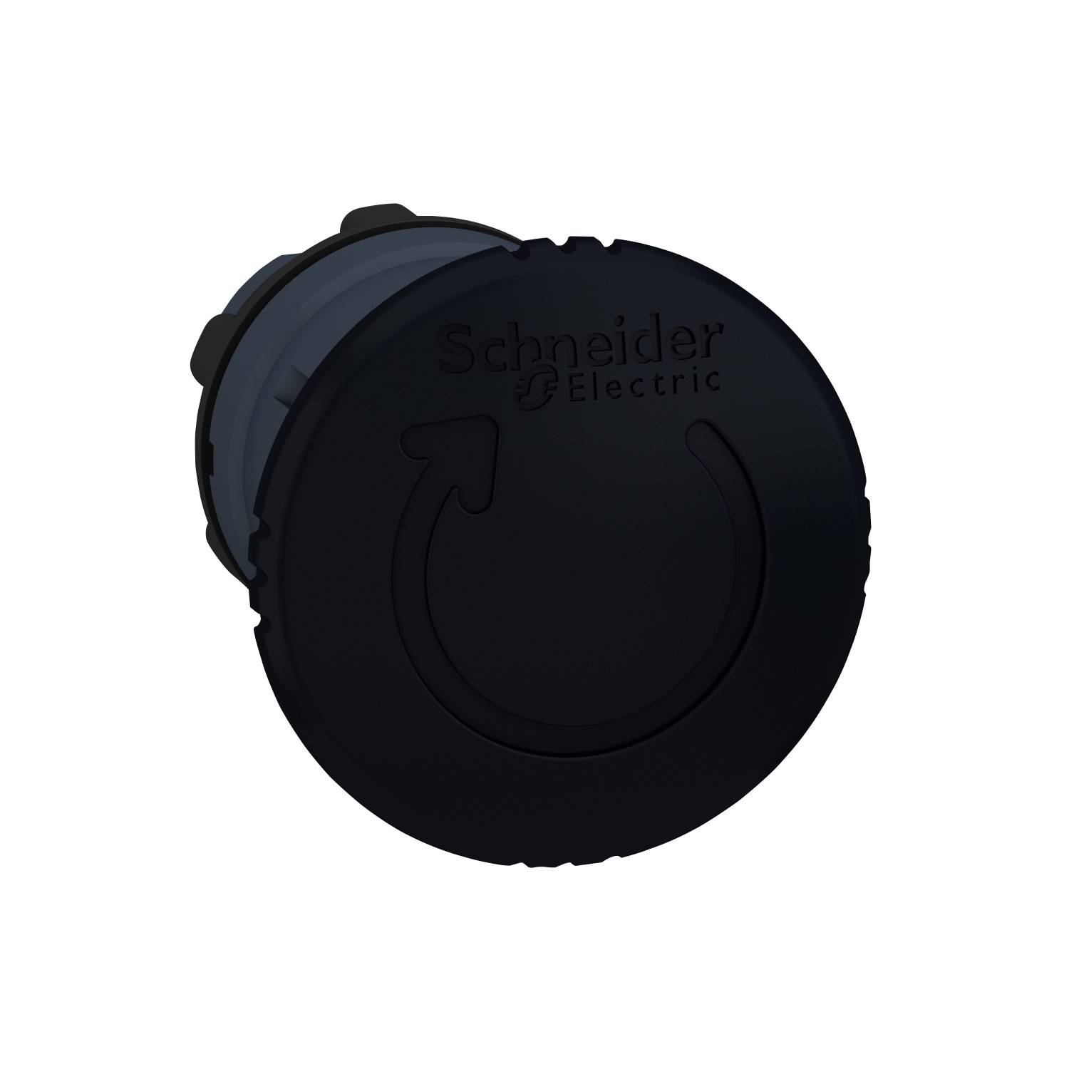 Svart rund täckplatta till en elektrisk switch med en pilsymbol och logotypen 'Schneider Electric'.