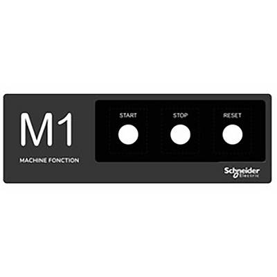 Svart maskinbetjäningspanel 'M1' med tre knappar: 'Start', 'Stop', 'Återställ'. Schneider Electric-logotyp längst ner till höger.