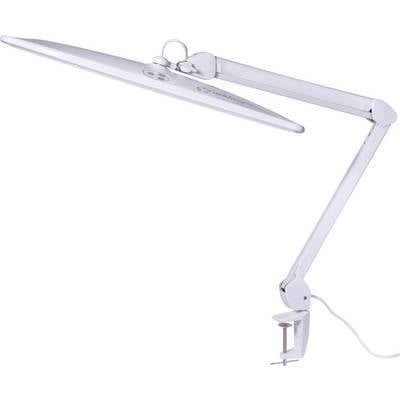 En modern skrivbordslampa med justerbar arm och bred belysningsdel, fäst vid ett skrivbord. Perfekt för arbetsbelysning.
