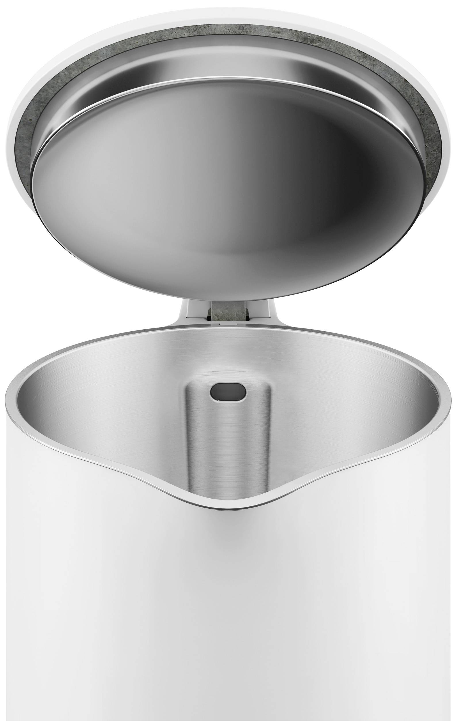 En öppnad, modern vattenkokare i rostfritt stål med cirkelformat lock; visar insidan och tappstället.