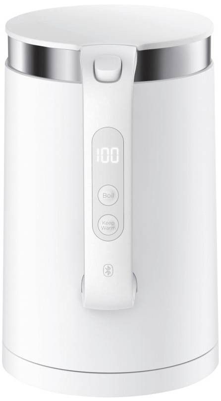En vit elektrisk vattenkokare med digital display som visar '100'. Knappar för kokning och värmehållning är tydligt synliga.