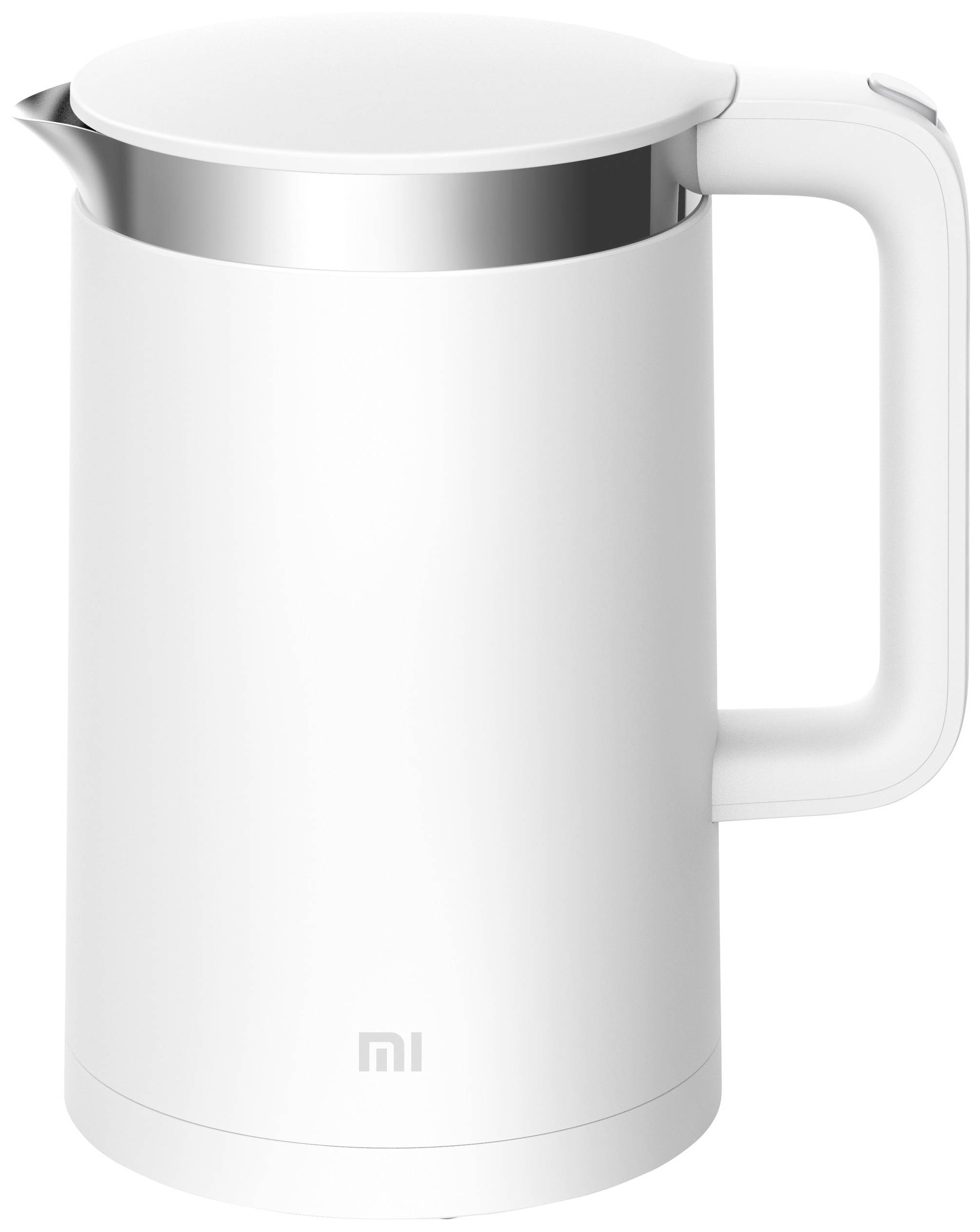 En vit vattenkokare med ett handtag på sidan och ett häll med lock. Diskret logotyp längst ner på kokaren.