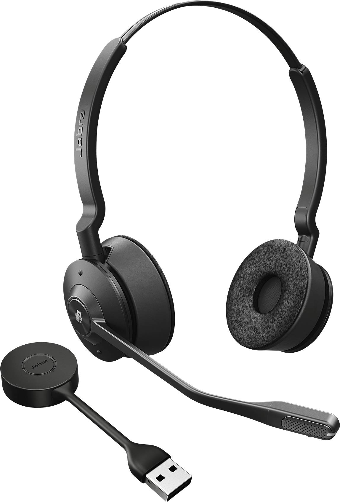 Svart trådlöst headset med två öronkåpor och en justerbar mikrofonarm, bredvid en USB-laddningskabel.