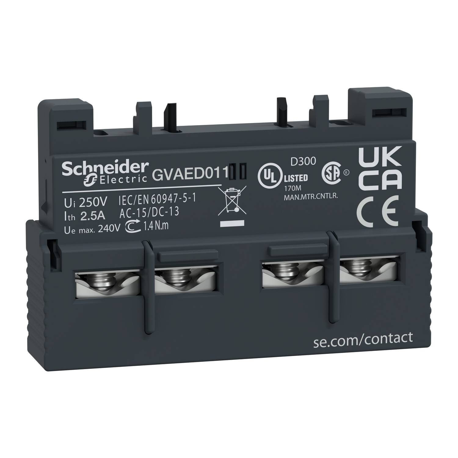 Schneider Electric GVAEOD111 monteringsblock med 1NO+1NC-kontakter, 240 V, 2,5 A. Certifikat: UL och CE. Tillverkarens webbplats: se.com/contact.
