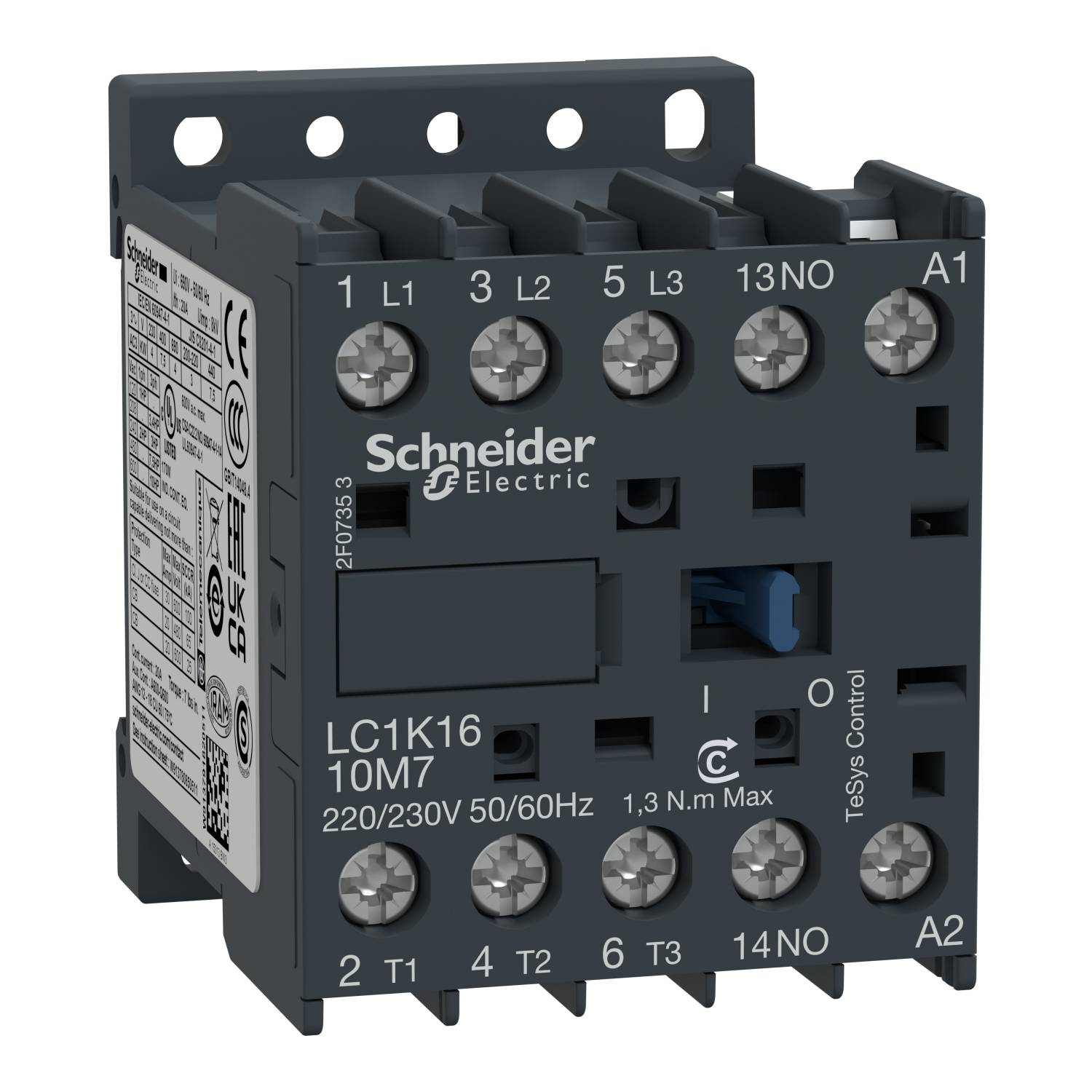 En grå kontaktor från Schneider Electric, modell LC1K16, med tekniska data: 220/230V, 50/60Hz. Den har flera klämmor både ovanpå och på sidan.
