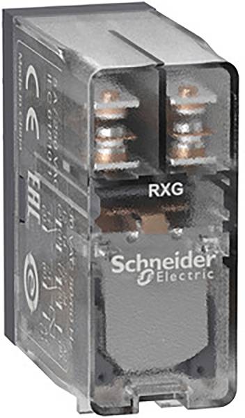 Ett transparent relä från märket Schneider Electric med två synliga spolar och påskriften 'RXG' på framsidan.