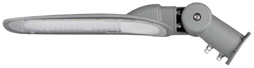 En grå LED-gatulampa med böjd design, sedd från sidan.