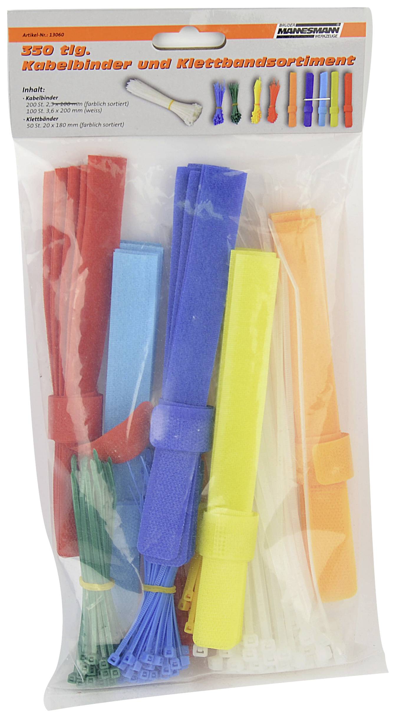 Kabelband och buntband, 320-delars set, förpackade i en plastpåse i olika färger. Huvudsakligt syfte: Kabelhantering.