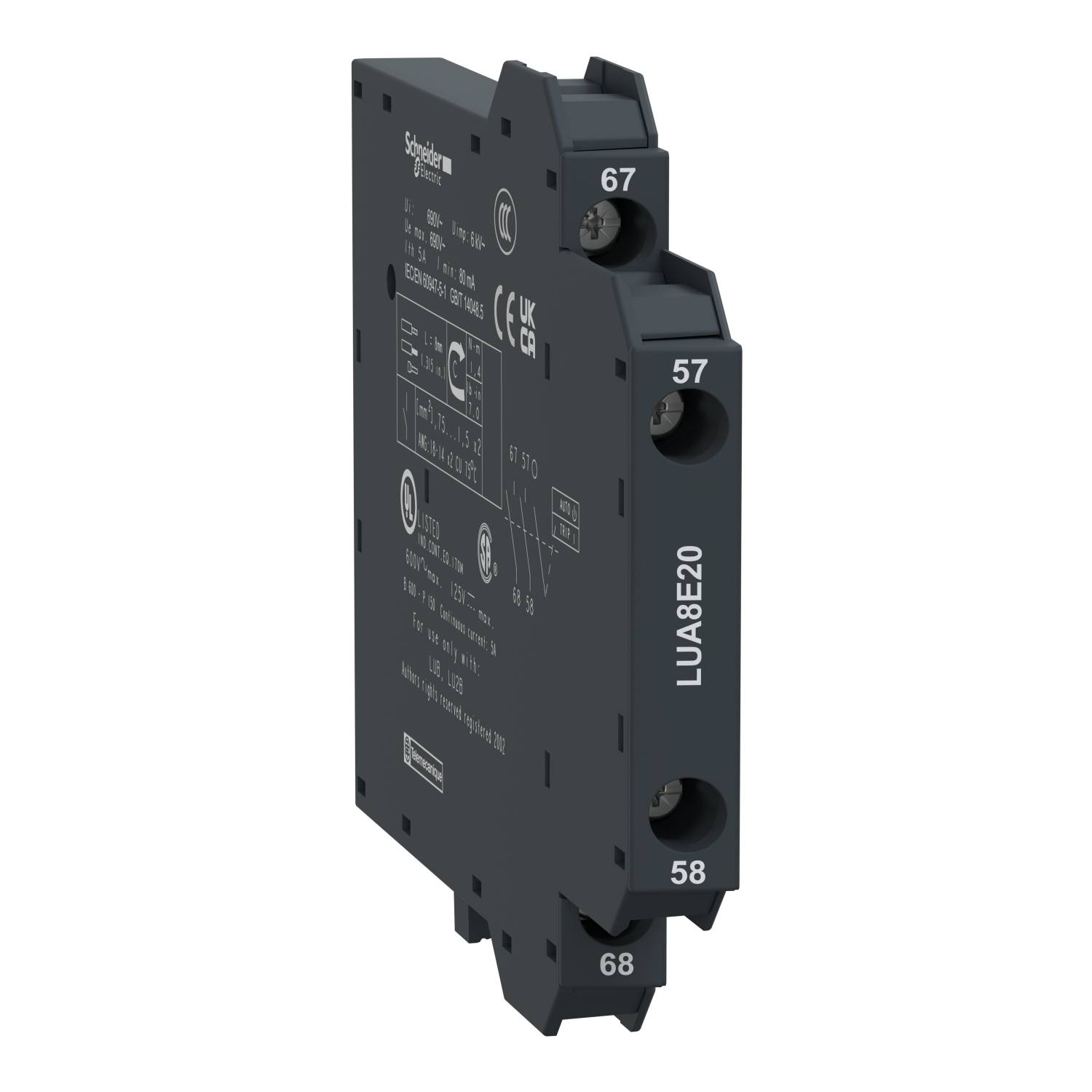 'Schneider Electric LUA8E20' Sidovy av en elektrisk kopplingsanordning. Visar anslutningar och tekniska specifikationer på framsidan.