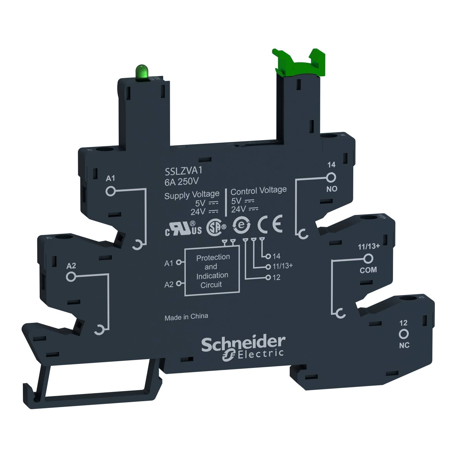 En svart reläsockel från Schneider Electric med märkningar för insignalsspänningar från 5V till 24V och kontrolspänning.