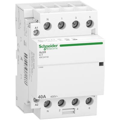 En vit, rektangulär kopplingsapparat med fem anslutningar, märkt 'Schneider Electric Acti9 ICT', 40A, 400V.