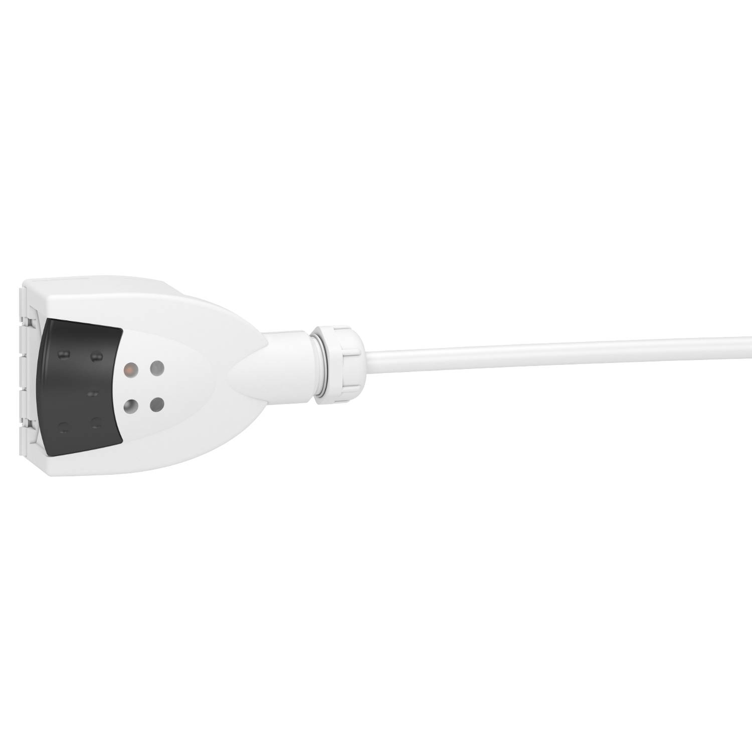 En vit elkontakt med jordningsuttag och en lång kabel som löper åt höger. Designen är enkel och funktionell.