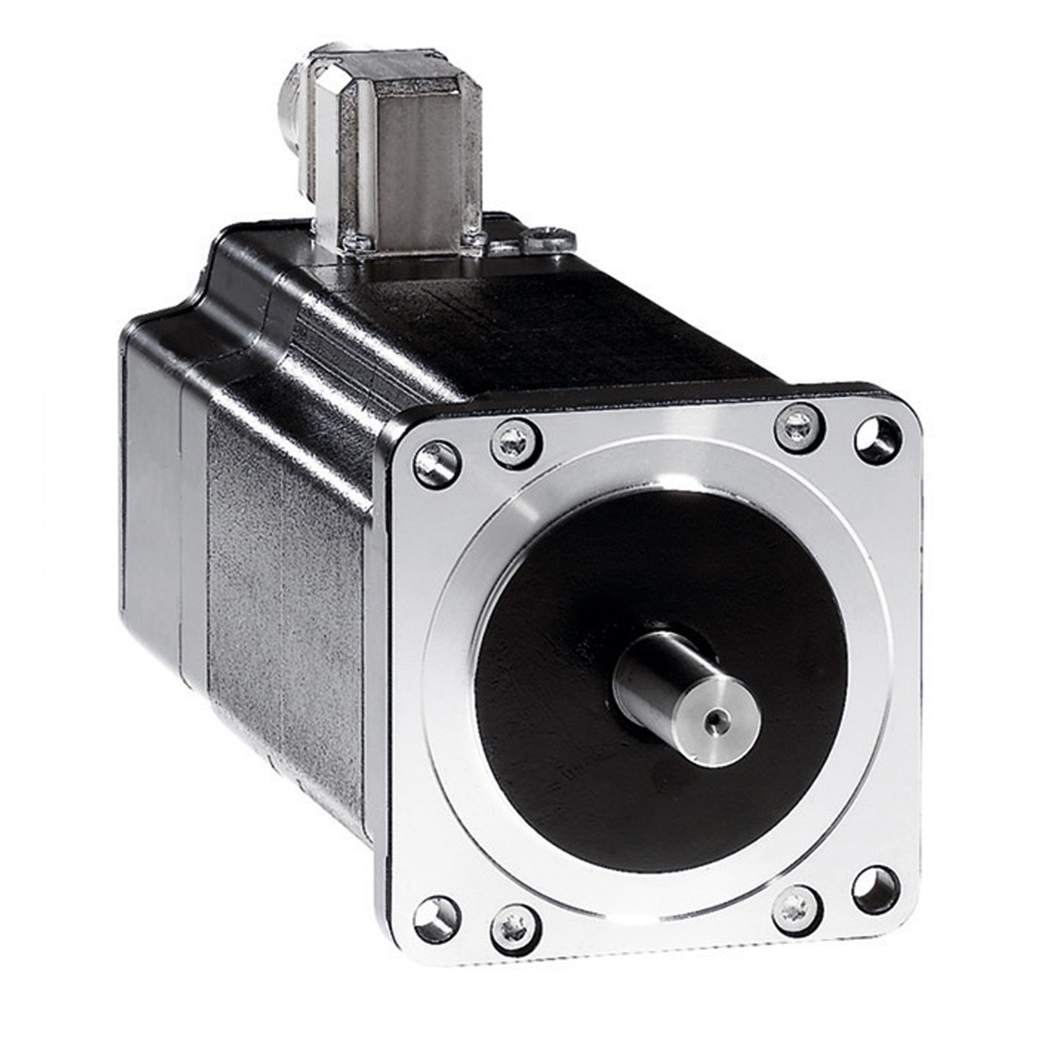 En svart servomotor med silverfärgad ram och framträdande axel, används i industriella tillämpningar för precision i rörelsestyrning.