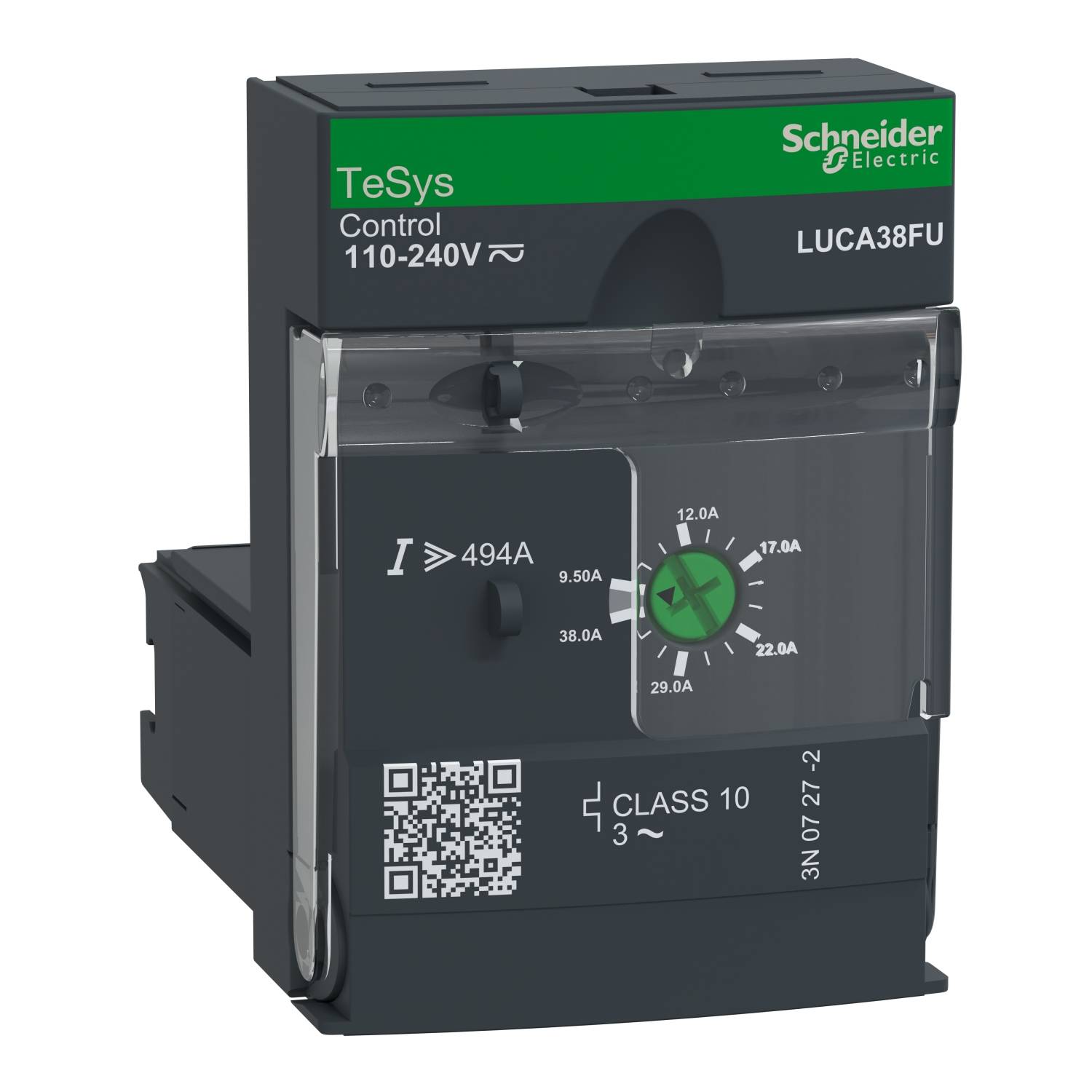 Schneider Electric TeSys Control 110-240V Motorstarter. Grön skala för strömstyrka (9,50A till 38,0A), svart hölje, QR-kod.