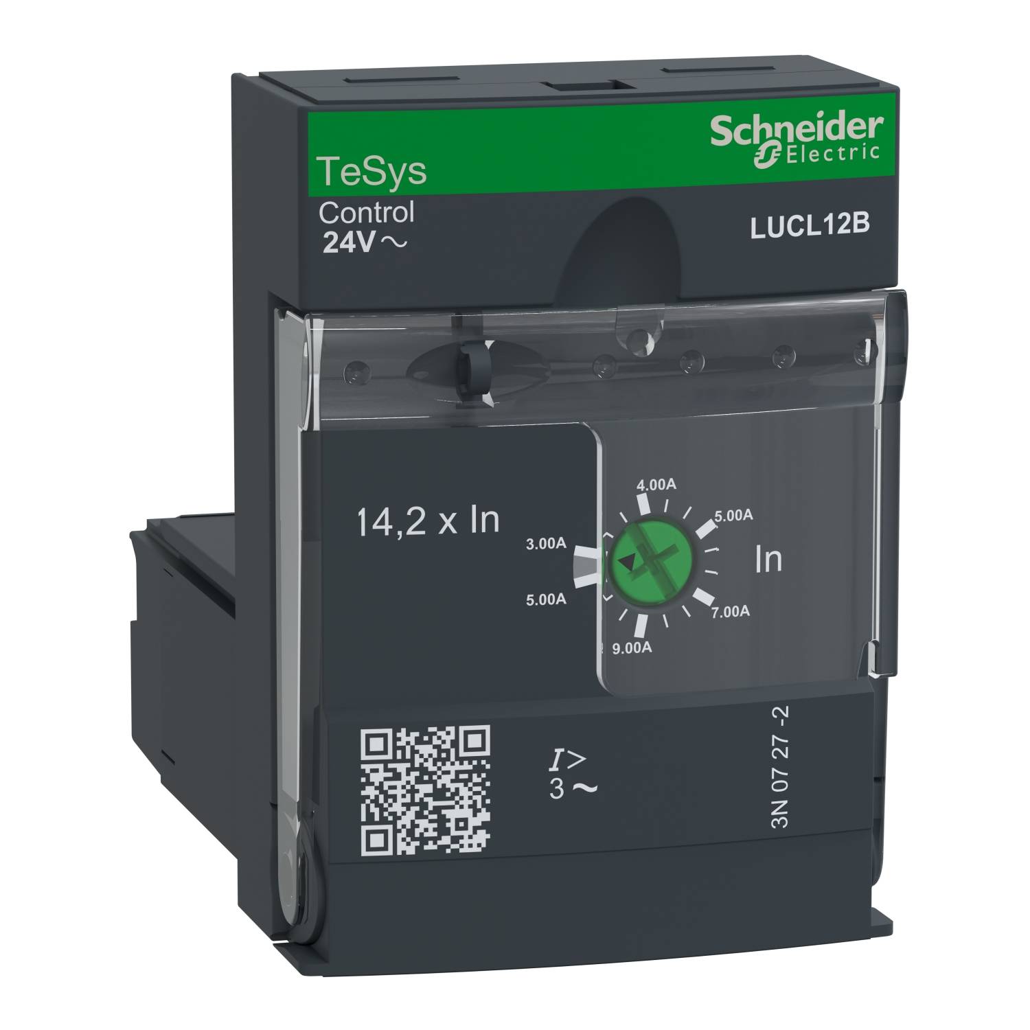 En elektrisk skyddsbrytare från Schneider Electric med påskriften 'TeSys Control 24V~'. En urtavla visar skalinställningar.