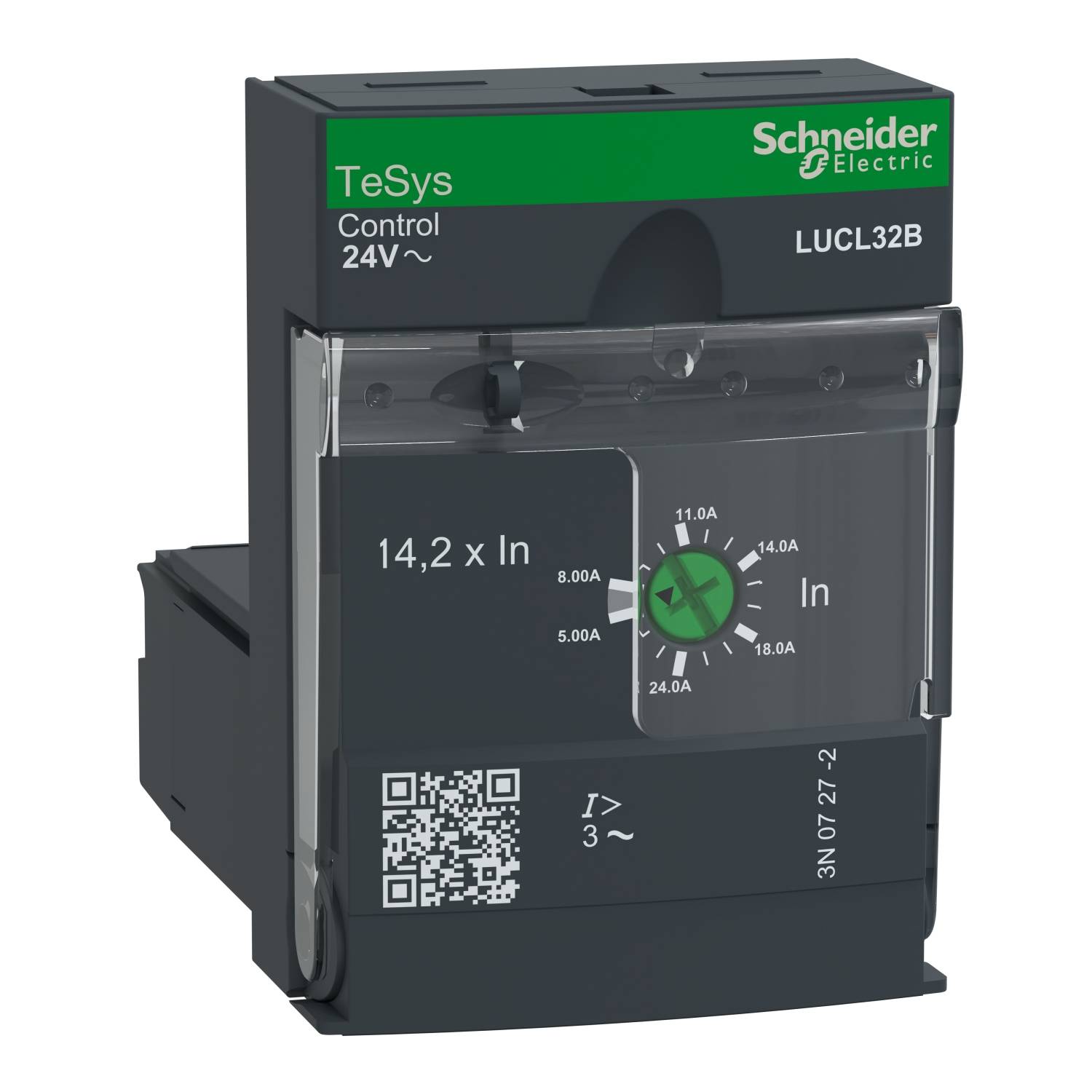 En modulär effektbrytare från Schneider Electric, modell TeSys LUCL32B, för styrning vid 24V~ med en QR-kod på framsidan.