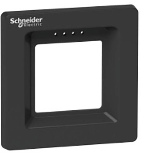 En kvadratisk, svart ram från 'Schneider Electric' med ett tomt innerområde och fem små hål överst.