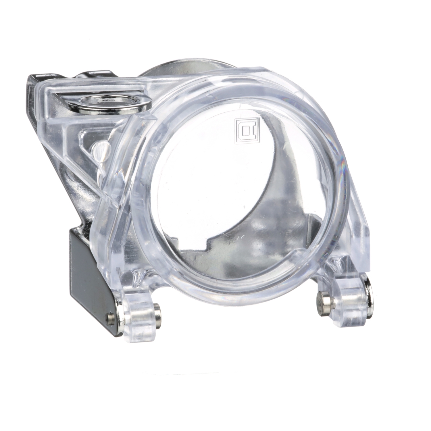 Ett genomskinligt, runt skyddslock av plast med gångjärn, monterat på ett grå-svart underlag.