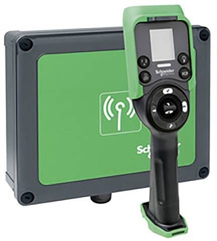 En grön elektronisk styrenhet med ett svart manöverelement och en digital display. Innehåller en WLAN-symbol.