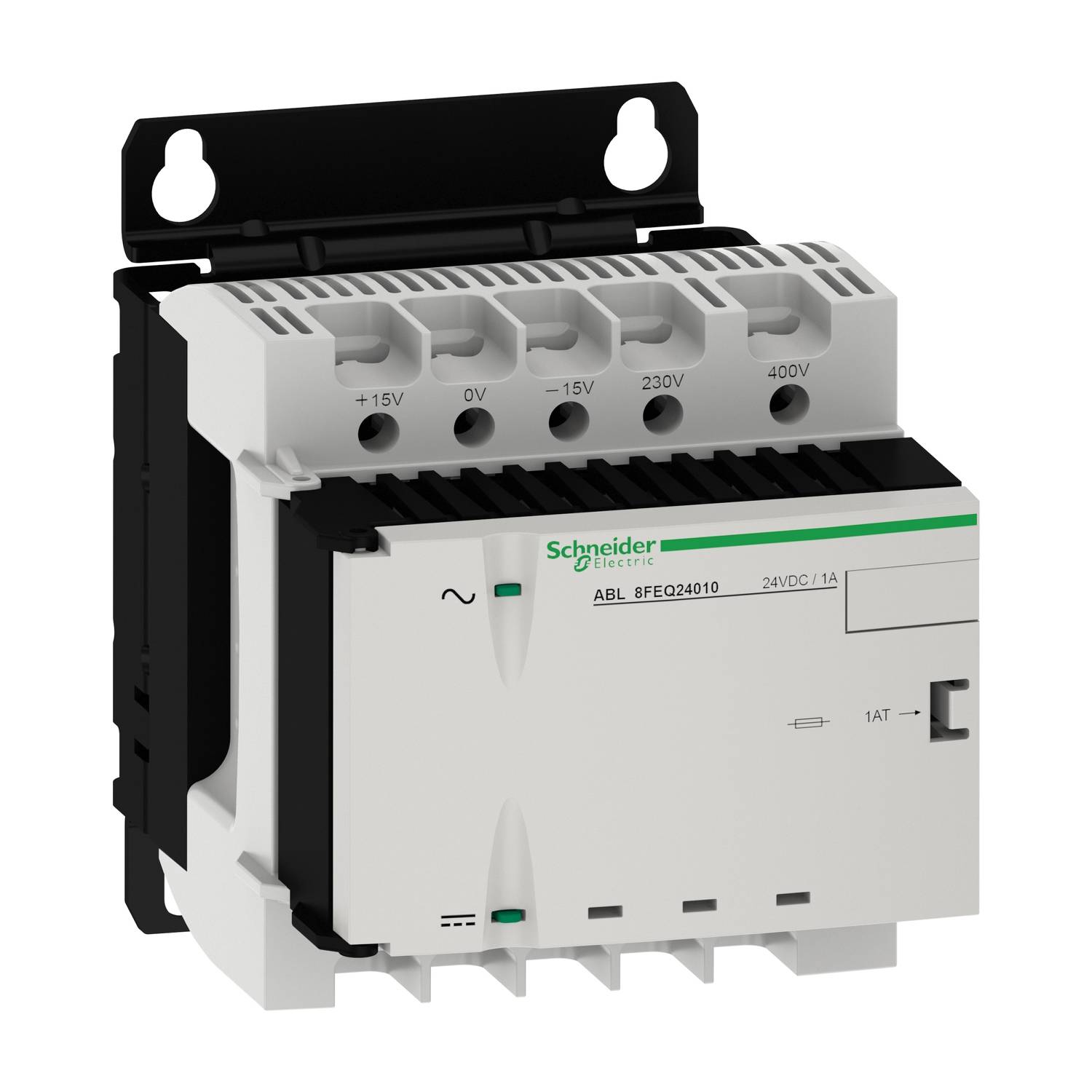 En elektrisk modul från Schneider Electric med fyra spänningar: +15V, -15V, 230V och 400V. Den har modellnumret ABL8FEQ24010.