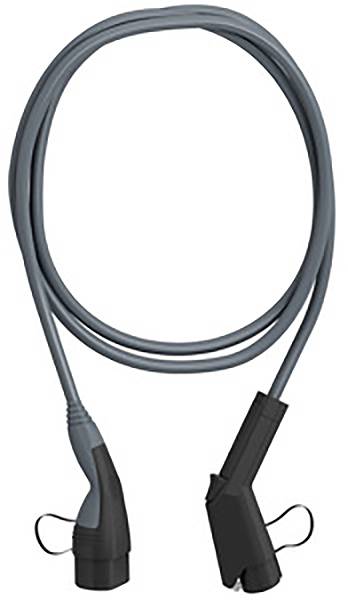 En grå kabel med två kontakter i ändarna, skyddade av sina höljen.