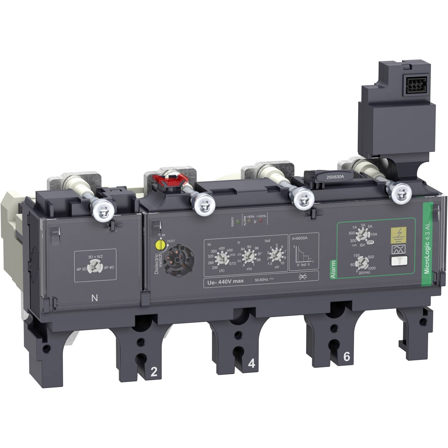 Elektronisk kopplingsenhet med flera anslutningar och manöverdon, illustrerad med tekniska symboler och numrering.