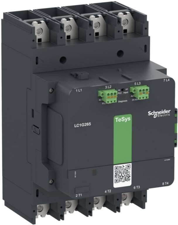 Elektriskt kontaktor, TeSys-modell från Schneider Electric, med sex anslutningar och gröna styrsystem ovanpå. Lämplig för industriella tillämpningar.