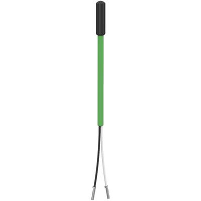 En svart och en vit kabel är fästa vid en grön sensor som har en svart huv överst.