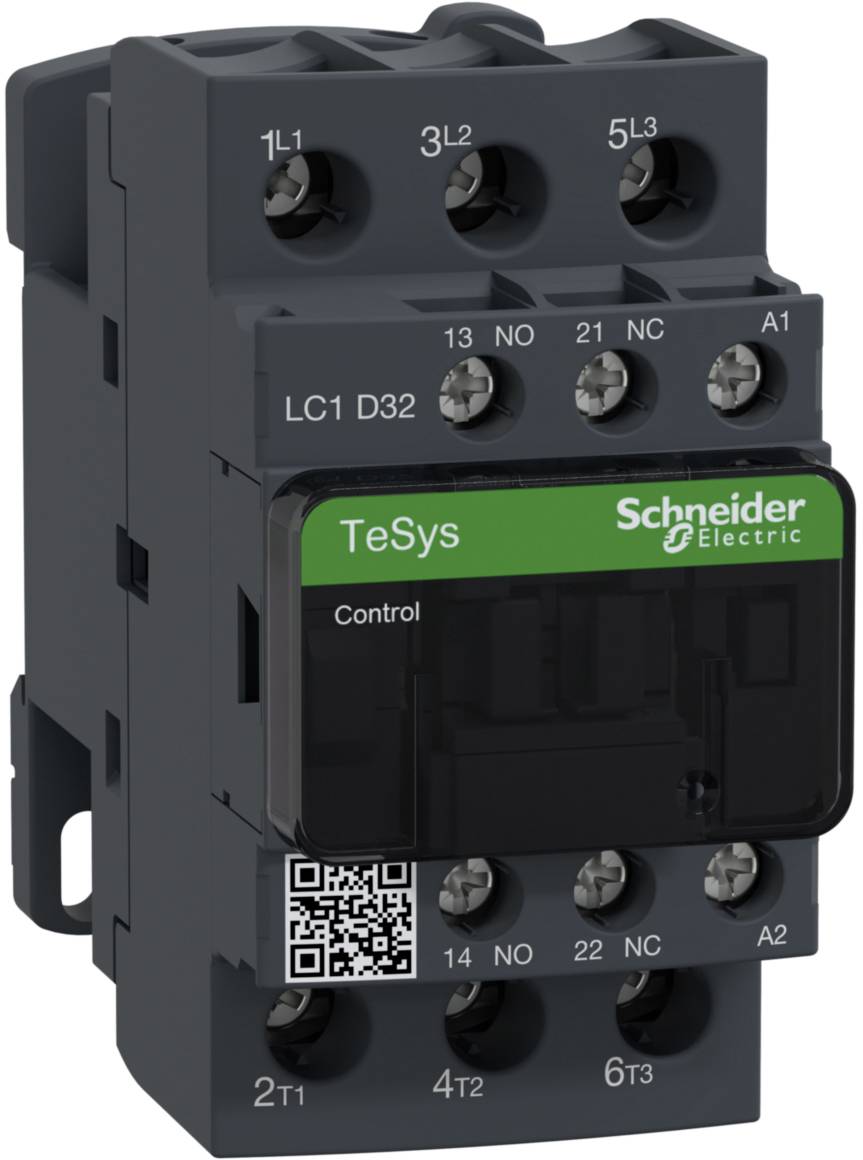 Schneider Electric TeSys LC1 D32 kontaktor med QR-kod, sex anslutningsklämmor överst, fyra nedtill, svart hölje med grönt etikett.