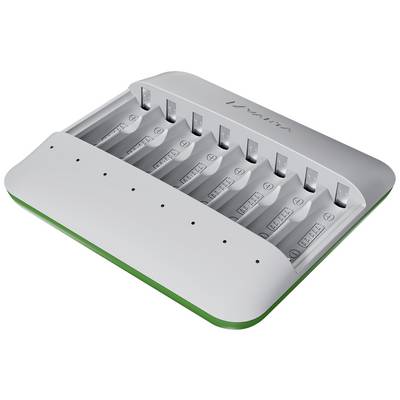 Batteriladdare med åtta fack, anpassad för AA- eller AAA-batterier, med några batterier ilagda under laddningsprocessen.