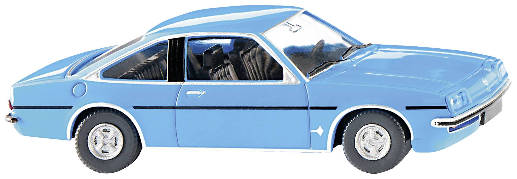 Blå modelsbil med två dörrar och svart interiör, fotograferad i profil från sidan. Representerar en nostalgisk fordonsdesign.