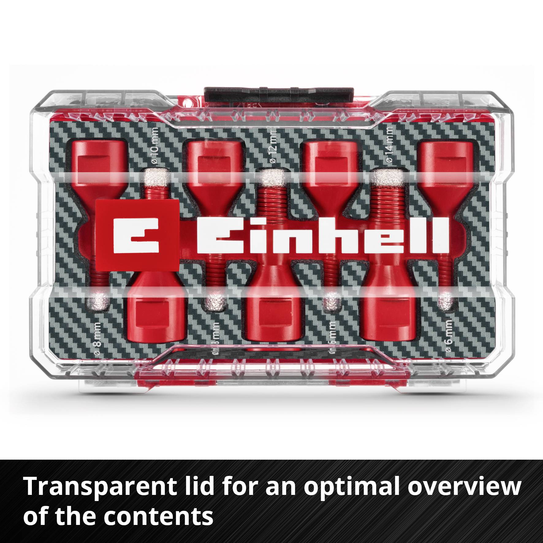 En låda med röd insats för hylsor, transparent lock och påskriften 'Einhell'. Text: 'Transparent lock för optimal överblick av innehållet'.