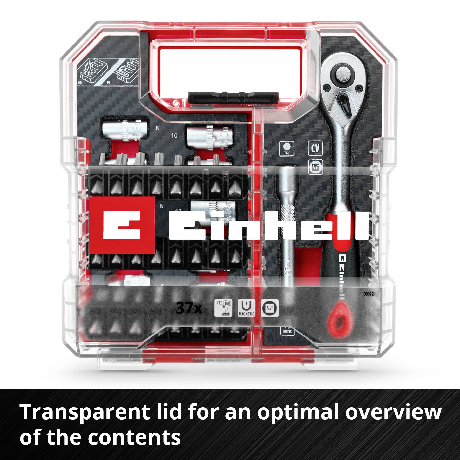 Einhell verktygsväska med 37 delar, inklusive skruvnycklar och bits. Transparent lock för optimal synlighet av innehållet.
