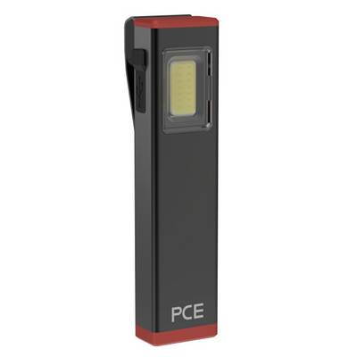 Svart LED-ficklampa med röd kant. Rektangulär form, märke 'PCE'. Har sidoclips och USB-anslutning.