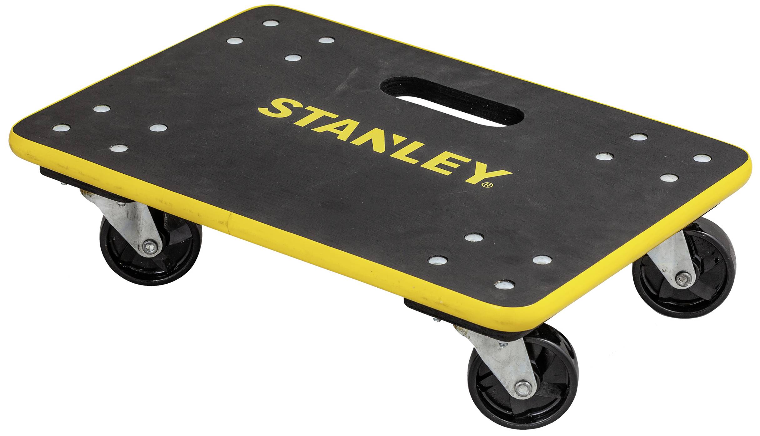 Svart transportvagn med gul kant, namnet 'Stanley' i mitten. Fyra styrhjul och ett handtag.