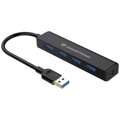 Svart USB-hubb med fyra blå USB 3.0-portar och en USB-kontakt, förbundna genom en kort kabel.