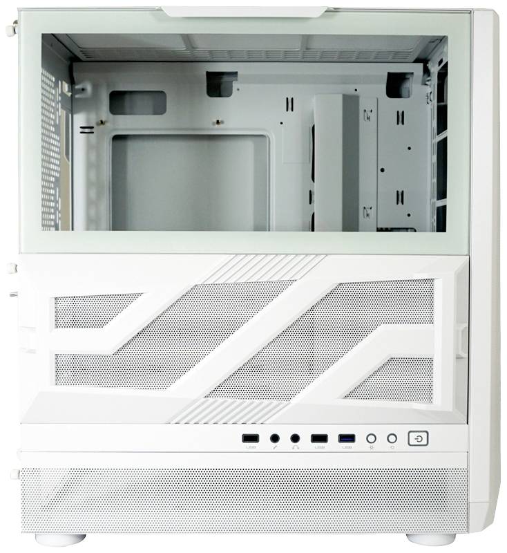 Ett vitt PC-hölje med sidofönster. Fronten har meshdesign och flera anslutningar. Lämplig för gaming-datorer.