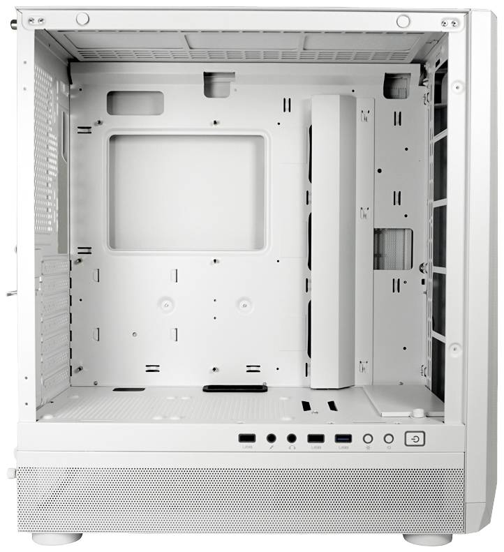 Vitt datorhölje, öppet, visar interiör med monteringsskenor och anslutningar för komponenter. Ingen elektronik installerad.