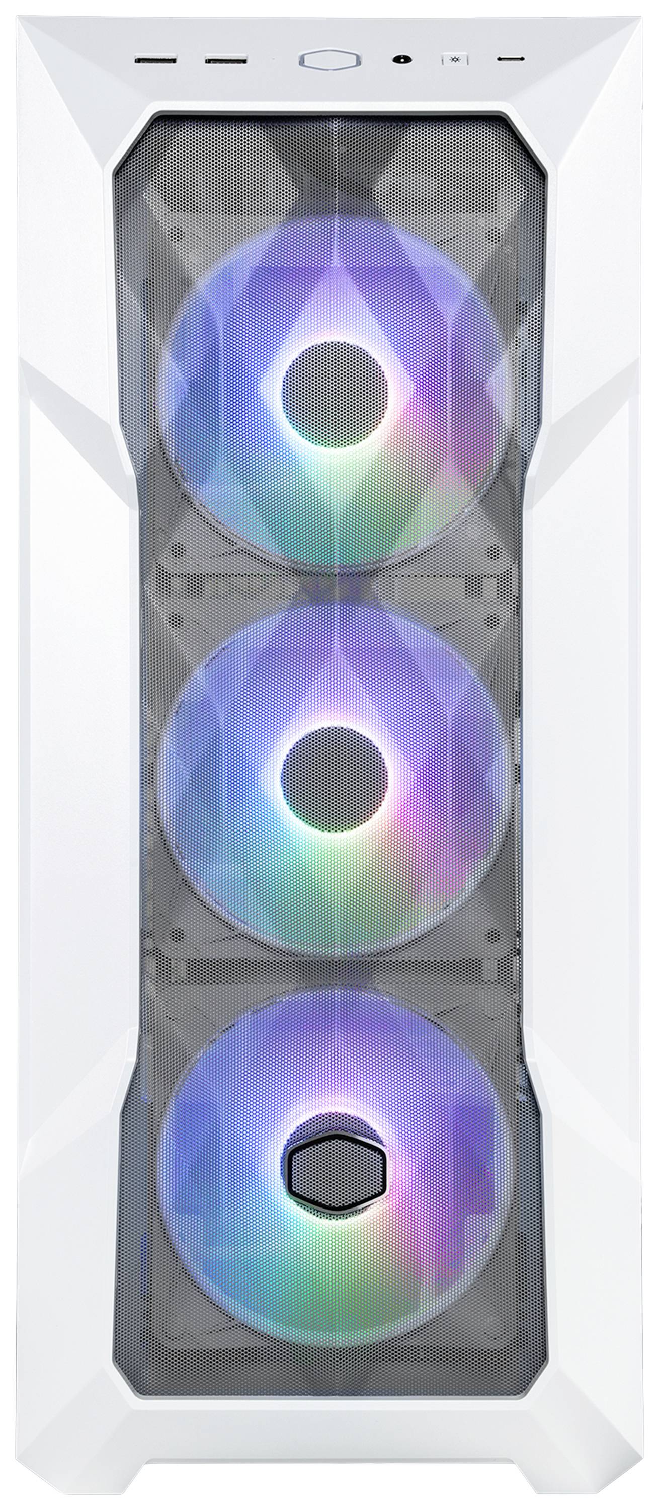 Ett vitt datorhölje med genomskinlig front visar tre vertikala fläktar med färgglada RGB-lampor.