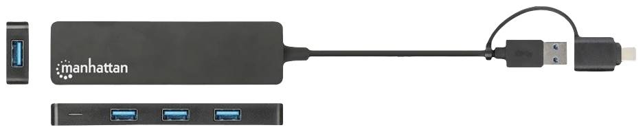Svart USB-hubb med tre blå USB-portar på framsidan och en USB-kabel med två anslutningar på höger sida.