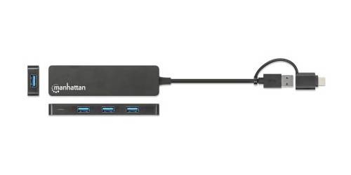 USB-C Hub med logotyp 'Manhattan', erbjuder tre USB-portar för data och strömförsörjning. Inkluderar kabel med USB-C-kontakt.