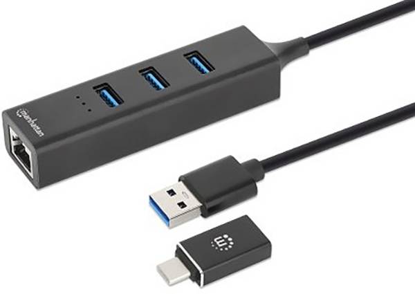Manhattan 180894 USB-hubb 4 Port USB-A, RJ45 USB 3.0 5 GBit/s med inbyggd nätverksanslutning Svart 180894