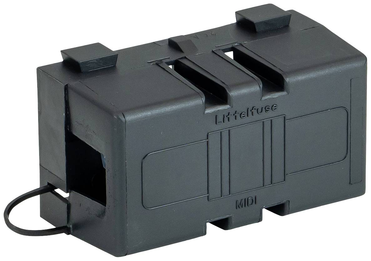 Svart säkringshållarbox med trycket 'Littelfuse MIDI', avsedd för säkringsmontering i elektriska kretsar.