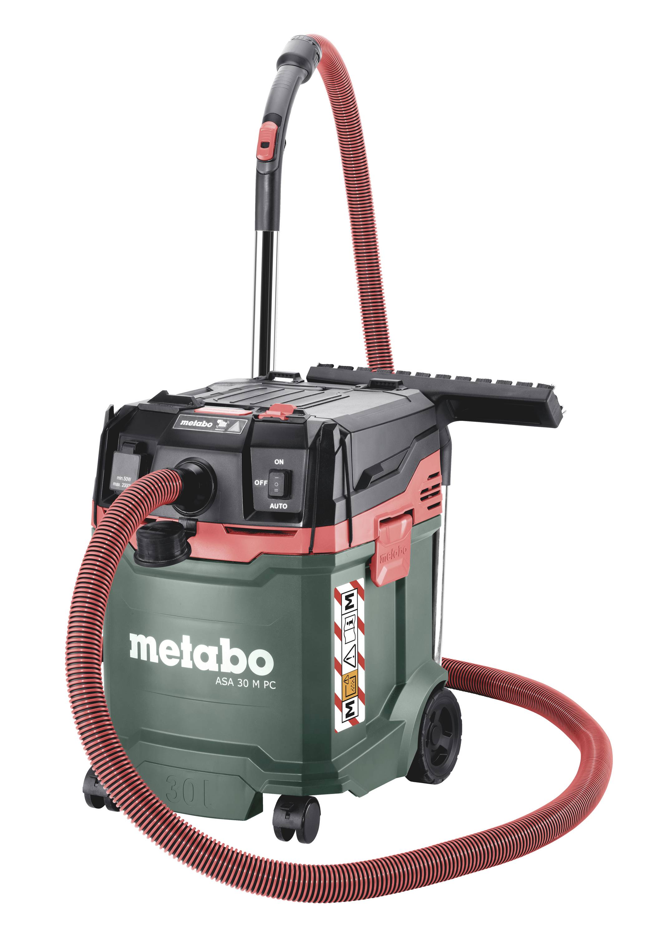 Industridammsugare med röd sugslang och hjul, grön huvudenhet med 'Metabo' logotyp.