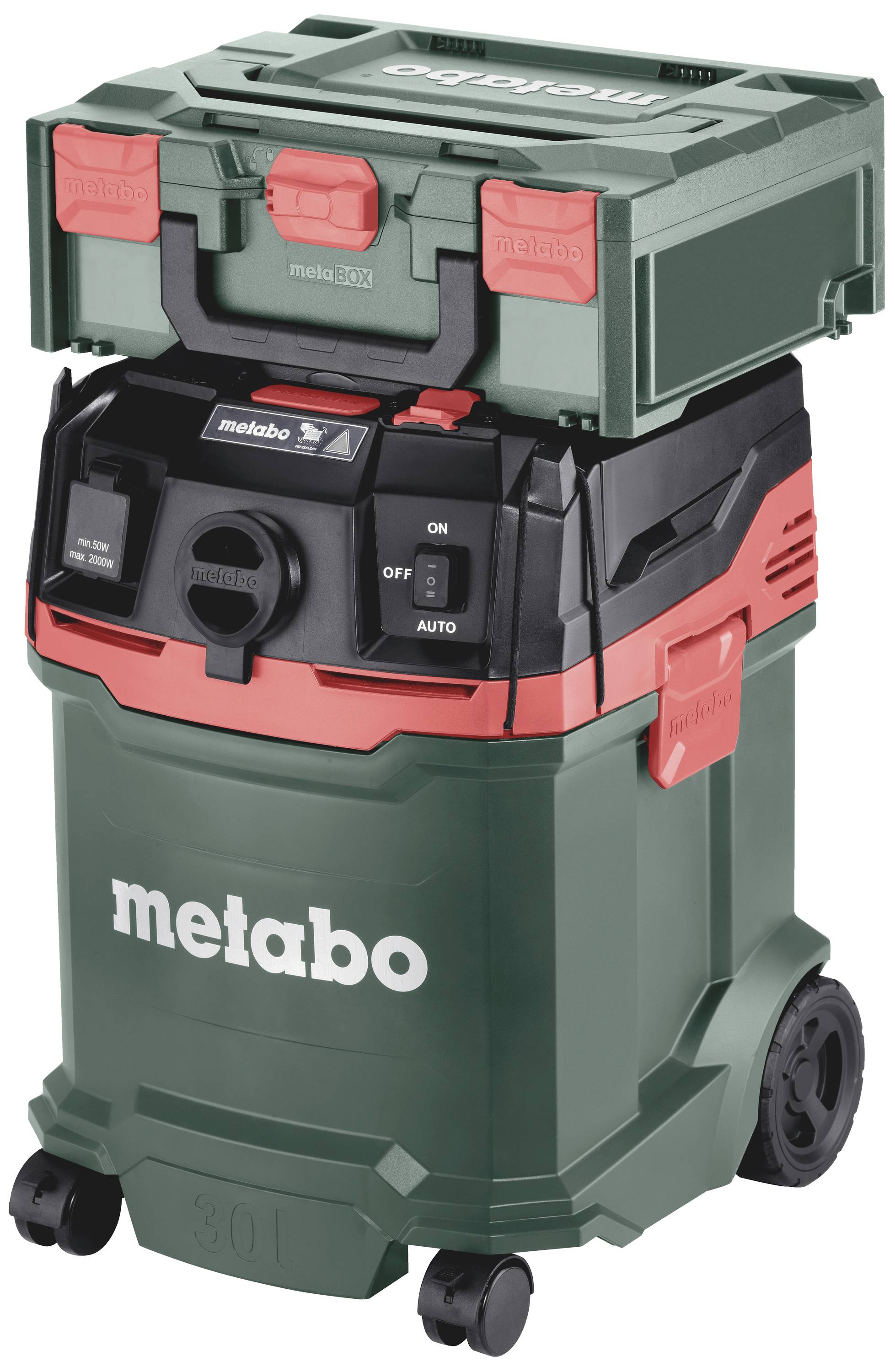 Grön industriell dammsugare på hjul med röd accent, ovansidan har en liten verktygslåda. 'Metabo' logotyp på framsidan.