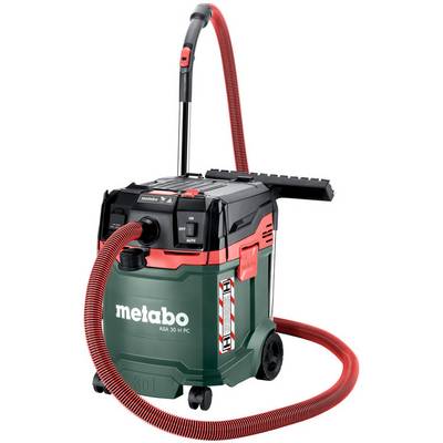 Metabo fuktig/torr dammsugare med röd slang och handtag, visad på vit bakgrund.