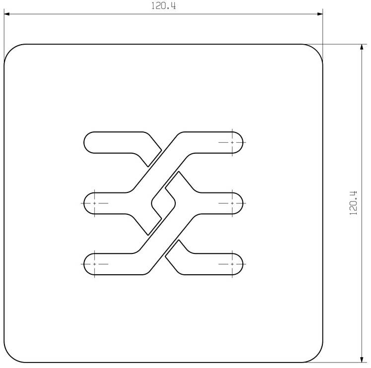 Bilden visar ett tekniskt diagram av en fyrkantig symbol med avrundade hörn som innehåller korsande linjer invändigt.